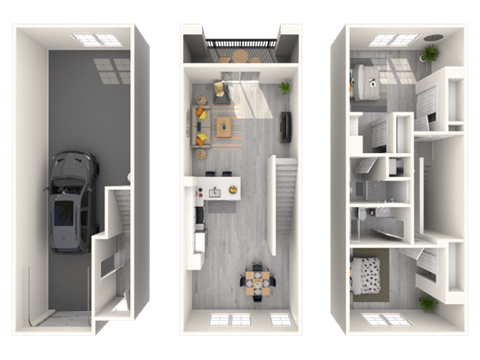 Three images of a small apartment layout.